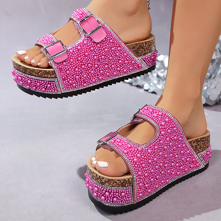 Ladies Pearl-Embellished Wedge Platform Sandals with Double Straps and Comfort Footbed Mune Fashion