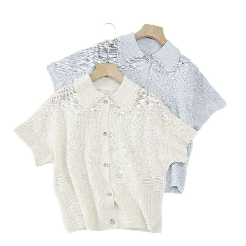 Women Short Sleeve Cardigan with Peter Pan Collar and Openwork Pattern Mune Fashion