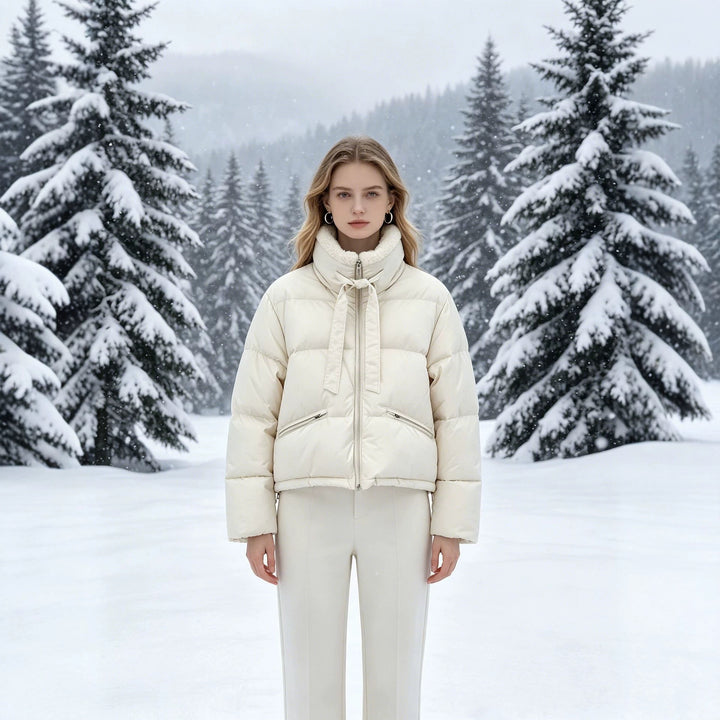 Women's cropped padded jacket with Sherpa collar, high-fitted stand-up collar and concealed zipper Mune Fashion