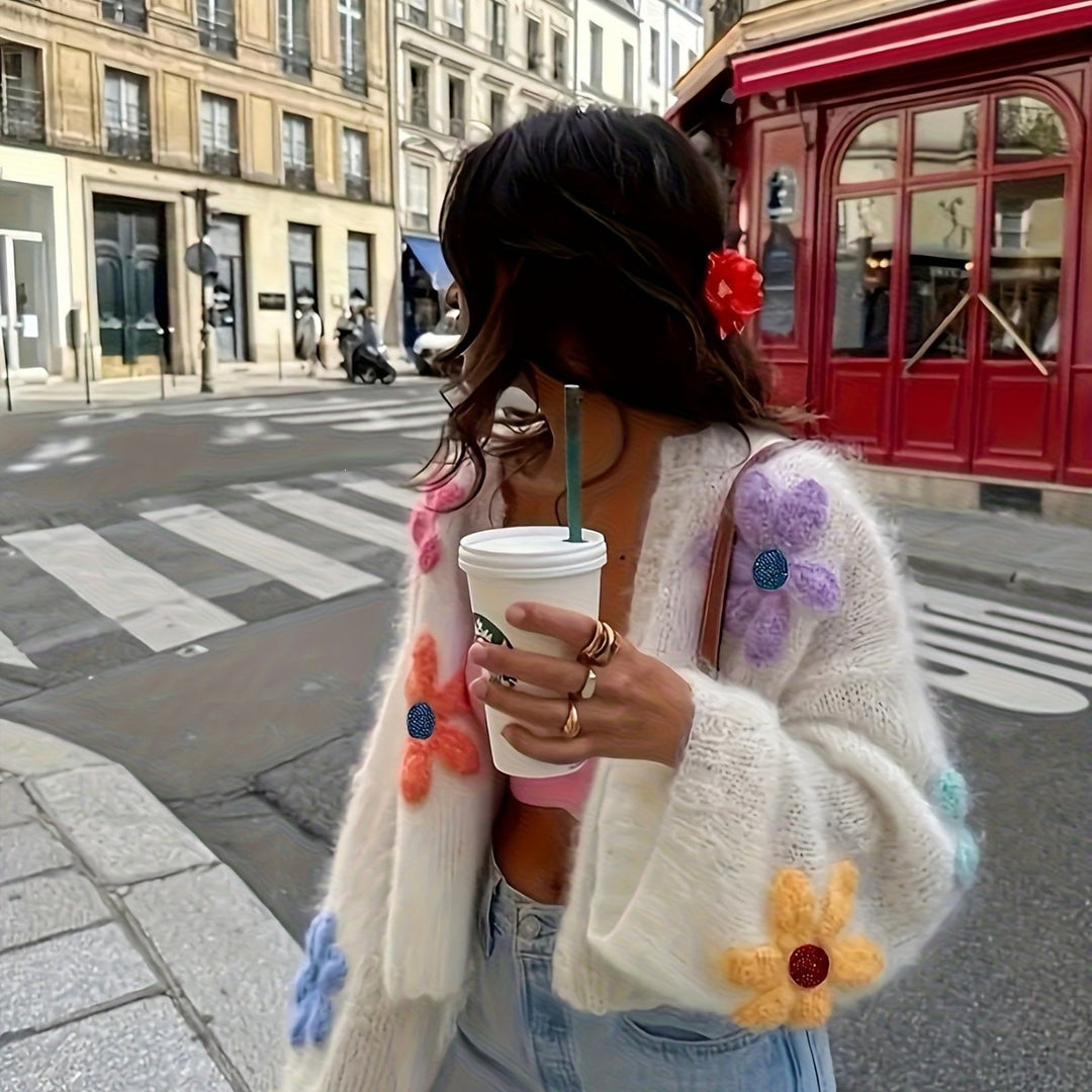 Women's Oversize Knit Cardigan with 3D Flower Appliqués Mune Fashion