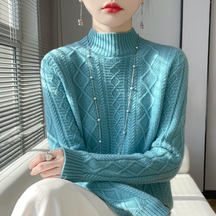 Women's cable-knit mock neck sweater with fine ajour detail and fluffy cashmere look Mune Fashion