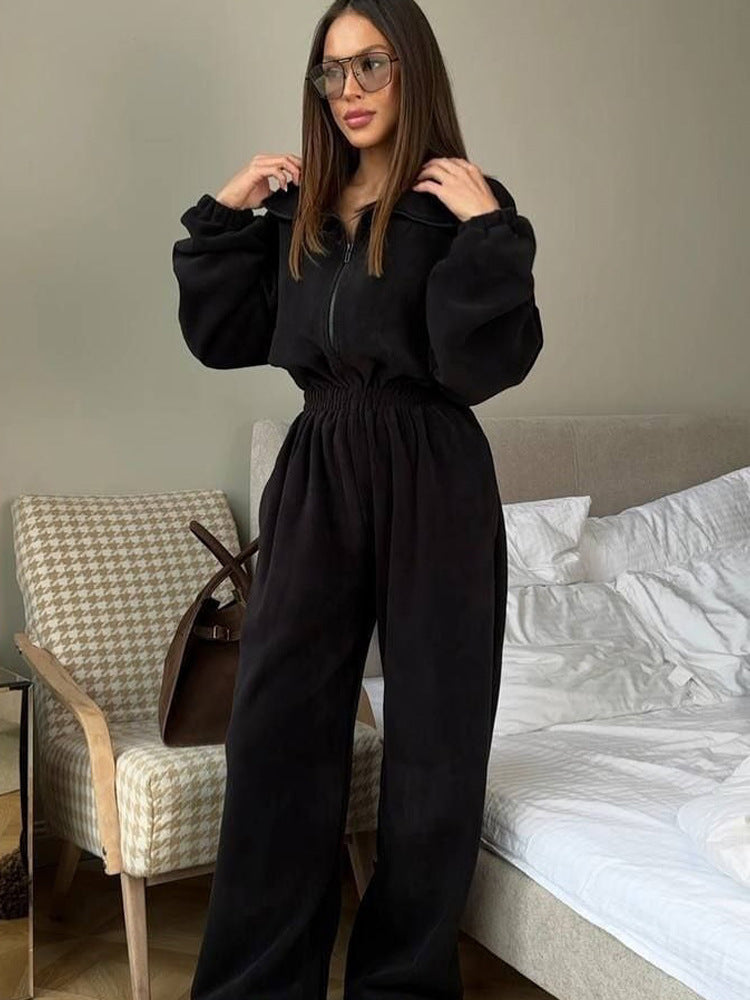 Women's cozy plush jumpsuit with half zipper and elastic waist Mune Fashion