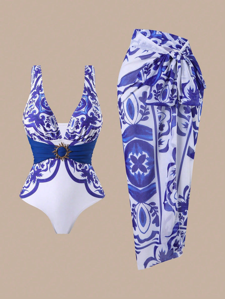 Women One-Piece Swimsuit with Fashionable Wrap Skirt Mune Fashion