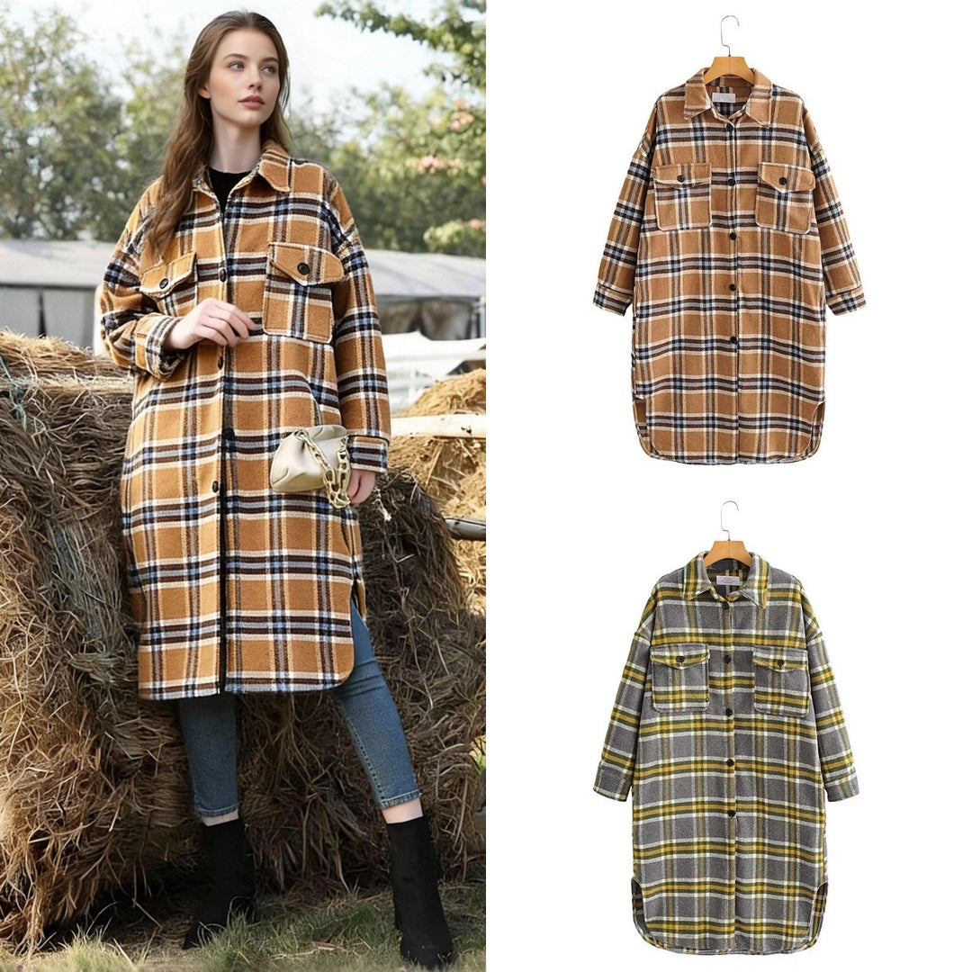 Women's Oversize Check Shirt Jacket in Longline Cut with Patch Chest Pockets Mune Fashion