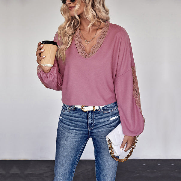 Ladies Lace Trim V-Neck Blouse with Balloon Sleeves and Inserts Mune Fashion