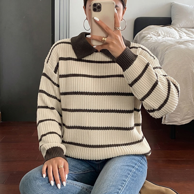 Ladies Fashionable Knit Sweater with Collar and Block Stripes Mune Fashion