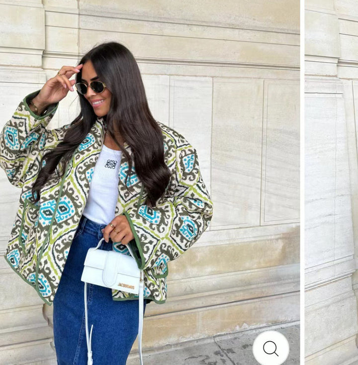 Women's Quilted Kimono Jacket with Ethno Print, Contrast Piping and Patch Pockets Mune Fashion