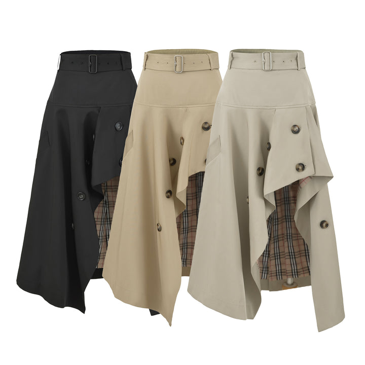 Women's Asymmetrical Trench Skirt with Waist Belt and Decorative Buttons Mune Fashion