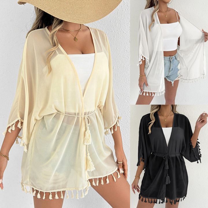 Ladies elegant beach poncho with tassels Mune Fashion