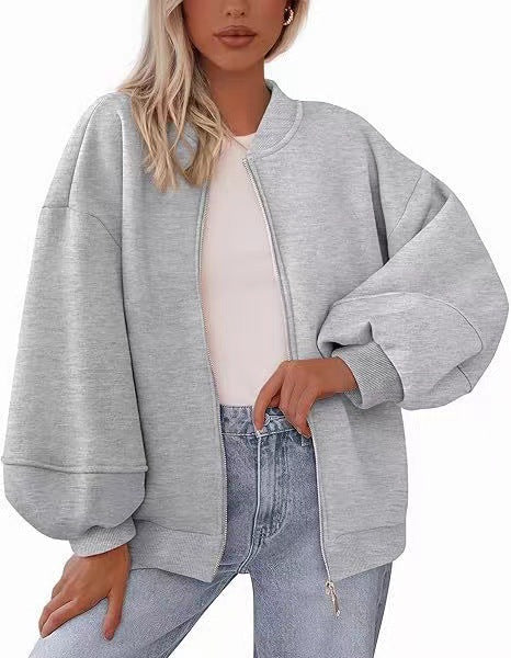 Women's Oversize Bomber Jacket with Balloon Sleeves and Zipper