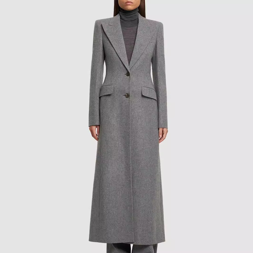 Women's Maxi Long Wool Blend Blazer Coat with Distinctive Shoulder Design Mune Fashion