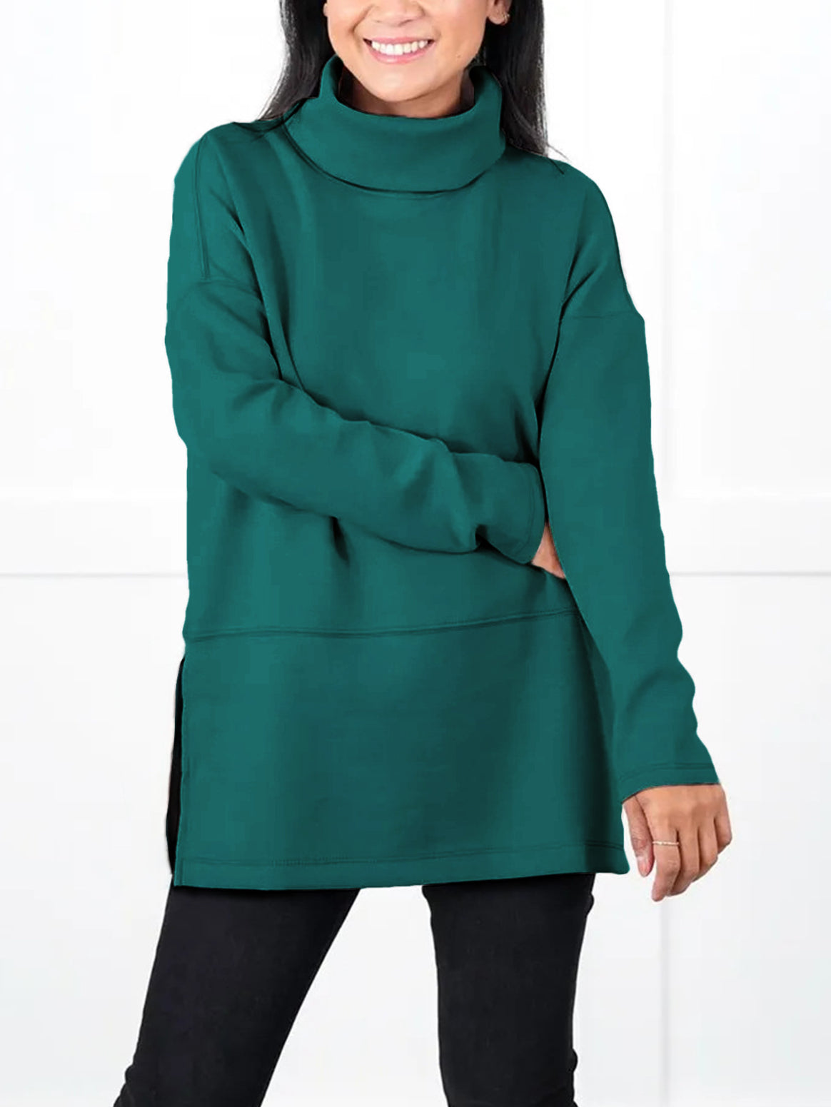 Women's Oversize Sweat Tunic with High Roll Neck, Side Slits and Extended Hem Mune Fashion