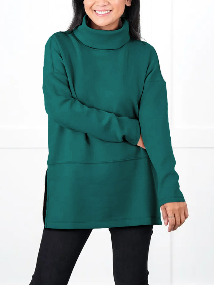 Women's Oversize Sweat Tunic with High Roll Neck, Side Slits and Extended Hem Mune Fashion