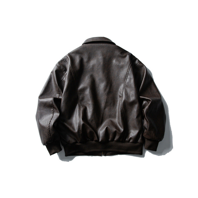 Men's leather bomber jacket in boxy cut with full-length zipper and ribbed hem Mune Fashion