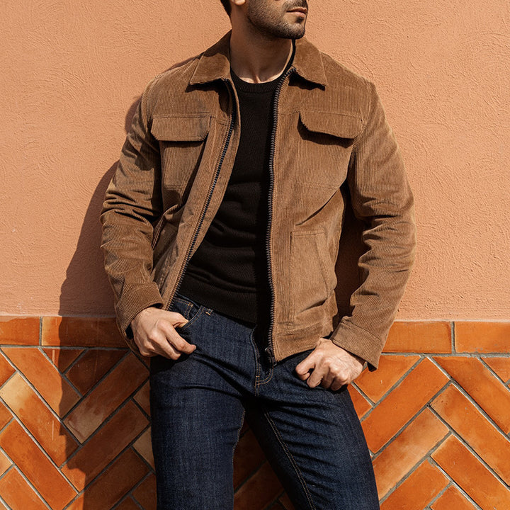 Men's short jacket made of fine corduroy with a shirt collar, zipper, and flap pockets Mune Fashion