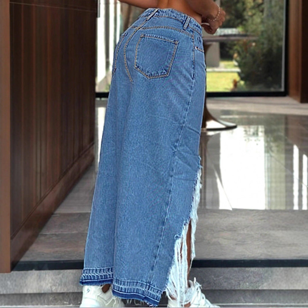Women's High-Cut Denim Midi Skirt with Deep Front Slit, Destroyed Detail and Raw Fringe Hem Mune Fashion