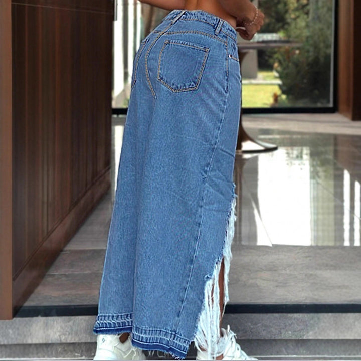 Women's High-Cut Denim Midi Skirt with Deep Front Slit, Destroyed Detail and Raw Fringe Hem Mune Fashion