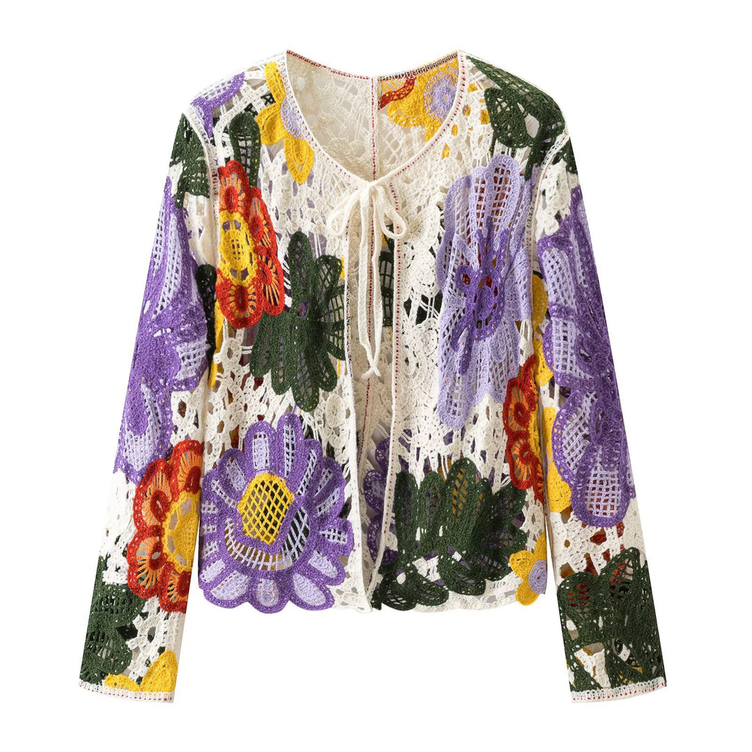 Women's Crochet Cardigan with Floral Appliqués and Tie Band Mune Fashion