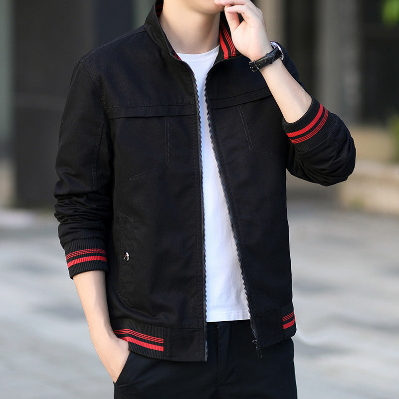 Men's modern canvas bomber jacket in worker style with striped ribbed cuffs and zipper Mune Fashion
