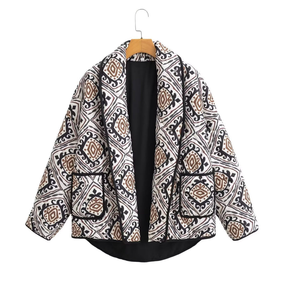 Women's Padded Kimono Quilted Jacket with Ethno Print and Contrast Piping Mune Fashion