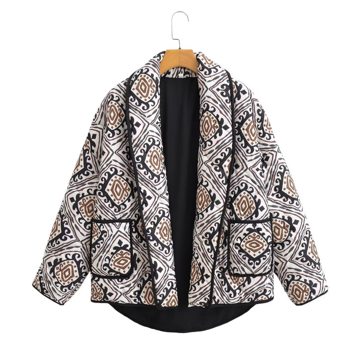 Women's Padded Kimono Quilted Jacket with Ethno Print and Contrast Piping Mune Fashion