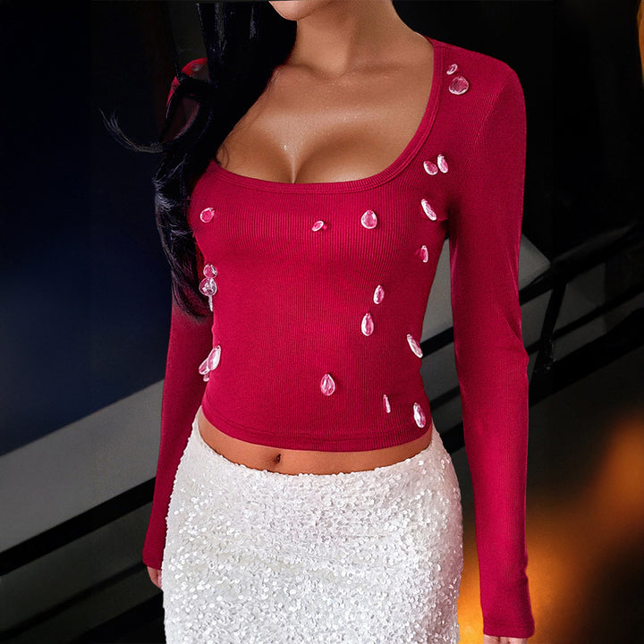 Women’s body-hugging ribbed long sleeve with deep square neckline Mune Fashion