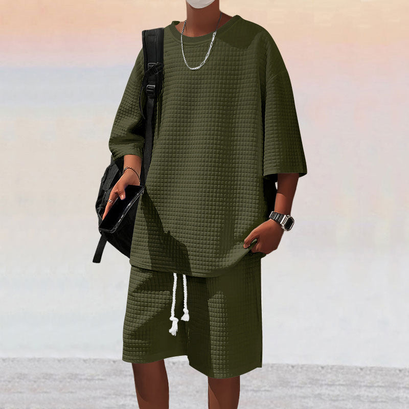 Men's square structure leisure set with oversized round neck shirt and knee-length relax shorts Mune Fashion