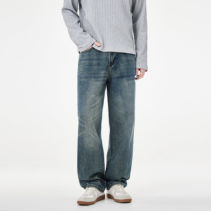Men's straight cut wide jeans with high waistband and vintage wash Mune Fashion