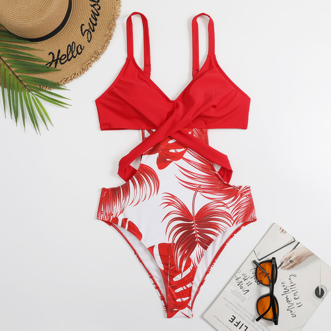 Women's one-piece swimsuit with fashionable cut-out and tropical leaf pattern Mune Fashion
