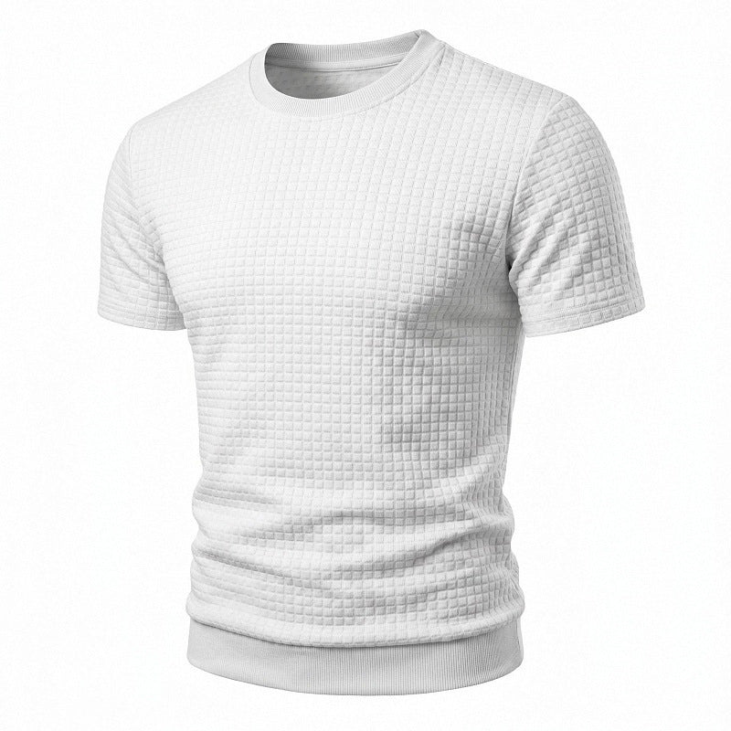 Men's short-sleeved knit shirt with embossed check structure, round neckline, and ribbed hem Mune Fashion
