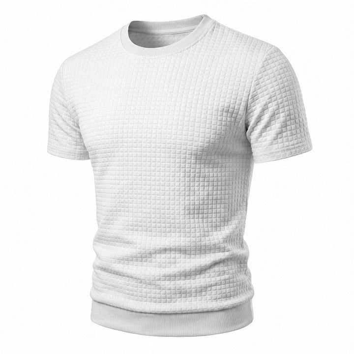 Men's short-sleeved knit shirt with embossed check structure, round neckline, and ribbed hem Mune Fashion