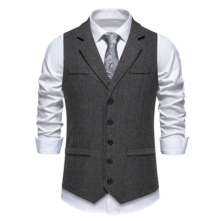Men's tailored herringbone vest with lapel collar and classic button placket Mune Fashion