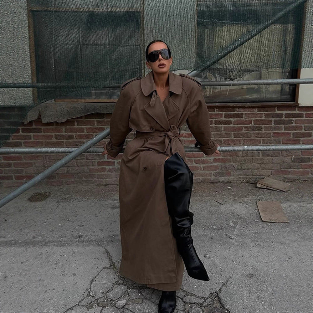 Women's Maxi Length Trench Coat with Emphasized Shoulder Section, Double Button Placket and Tie Belt Mune Fashion
