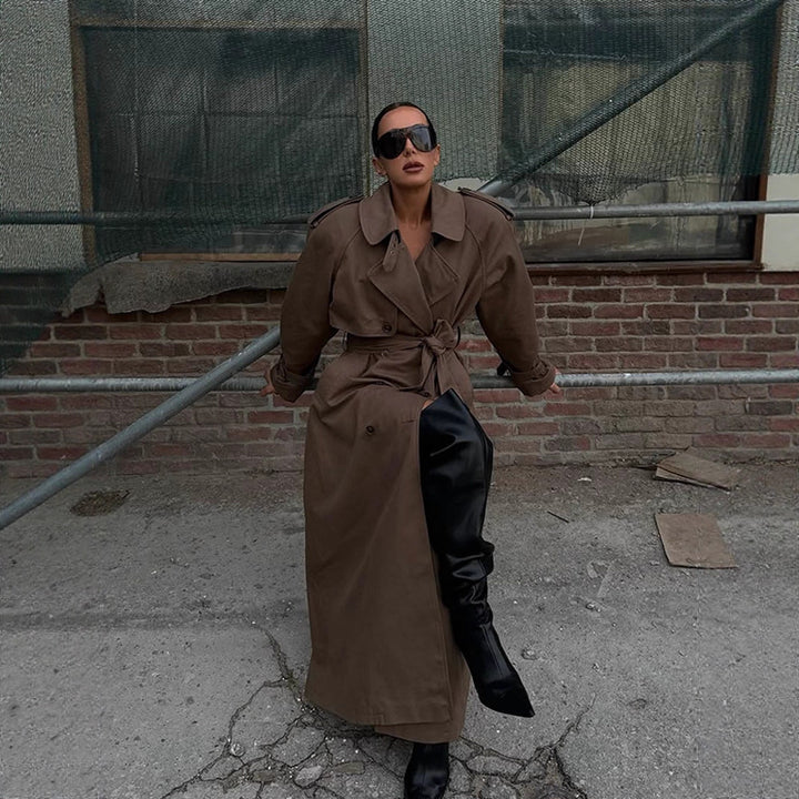 Women's Maxi Length Trench Coat with Emphasized Shoulder Section, Double Button Placket and Tie Belt Mune Fashion