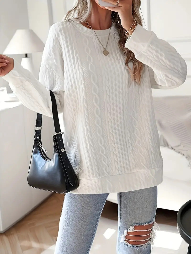 Women Oversize Knit Sweatshirt with Cable Pattern and Ribbed Hem Mune Fashion