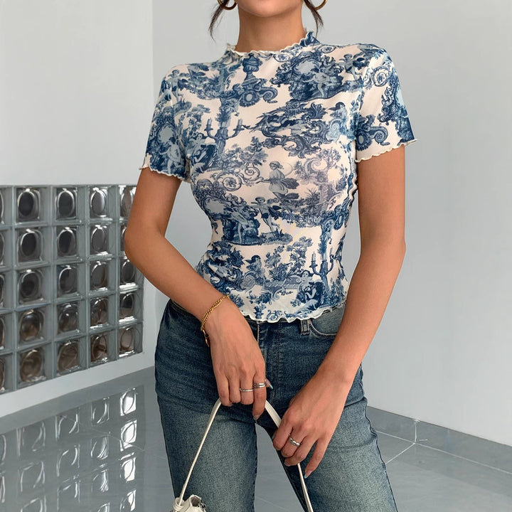 Women's fitted short-sleeved mesh shirt with stand-up collar and romantic country house print Mune Fashion