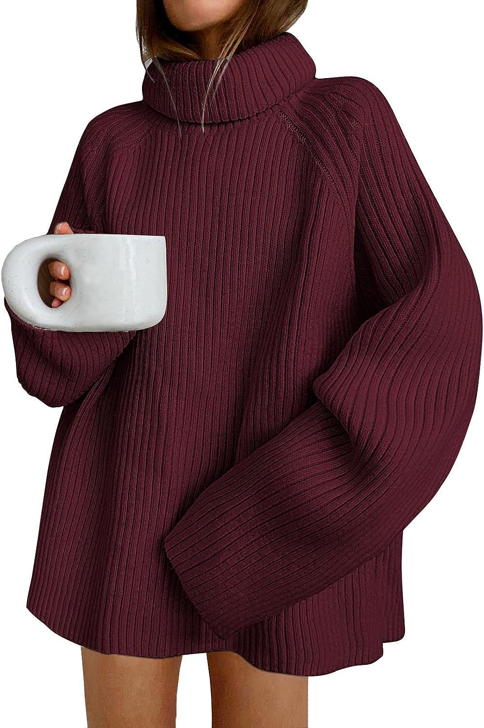 Women’s Oversize Pullover Dress made of Rib Knit with High Roll Neck and Voluminous Sleeves Mune Fashion