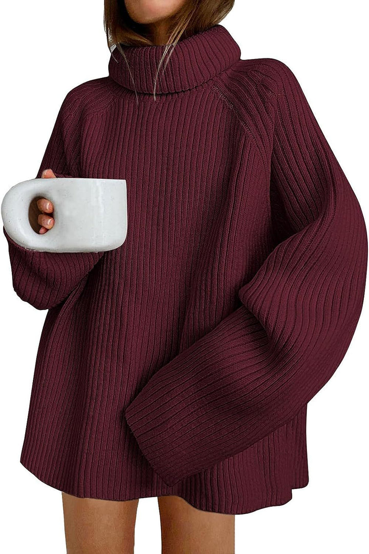 Women’s Oversize Pullover Dress made of Rib Knit with High Roll Neck and Voluminous Sleeves Mune Fashion