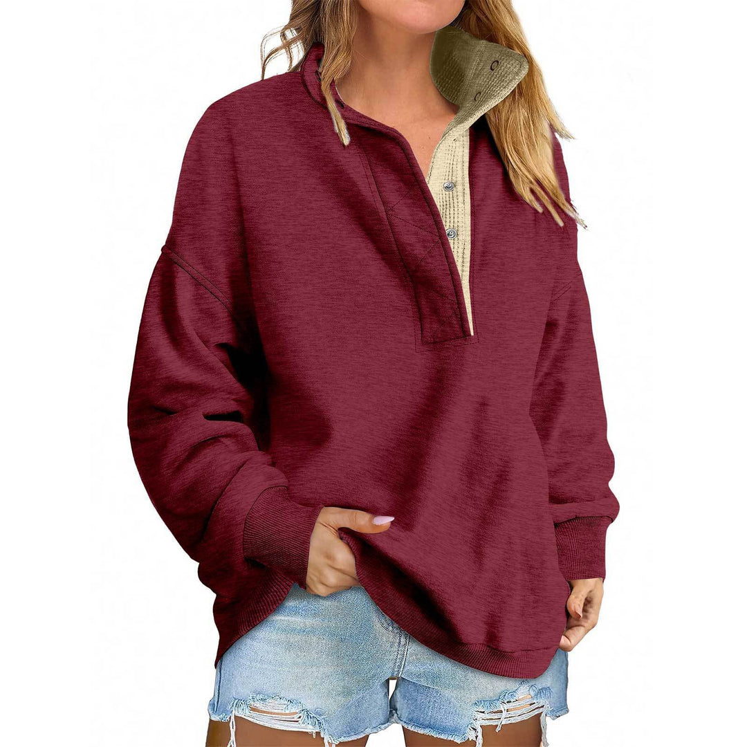 Women's Oversized Henley Sweatshirt with Stand-Up Collar and Snap Button Placket Mune Fashion