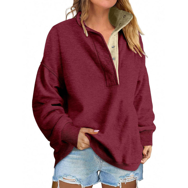 Women's Oversized Henley Sweatshirt with Stand-Up Collar and Snap Button Placket Mune Fashion