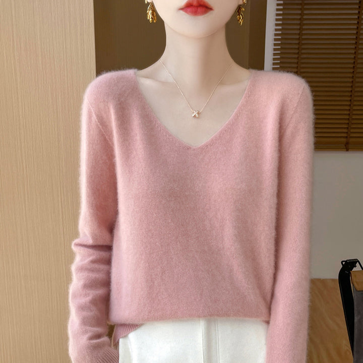 Women's Cozy V-Neck Fine Knit Sweater made of Mohair Mix with Fluffy Surface Mune Fashion