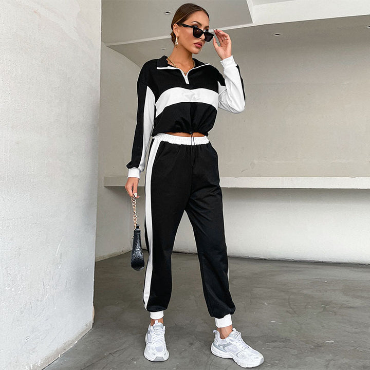 Women's Sportives Crop Training Set with Half-Zip, Contrast Stripes & Drawstring Pants Mune Fashion