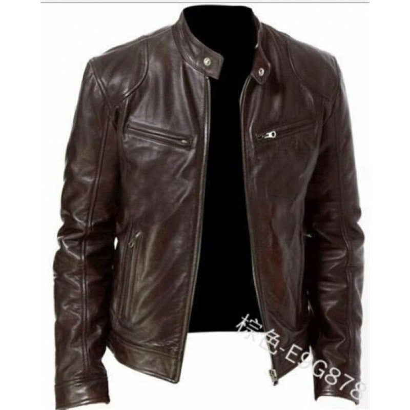 Men's slim genuine leather biker jacket with stand-up collar, two zippered chest pockets and straight silhouette Mune Fashion