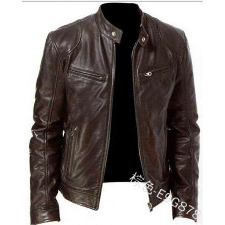 Men's slim genuine leather biker jacket with stand-up collar, two zippered chest pockets and straight silhouette Mune Fashion