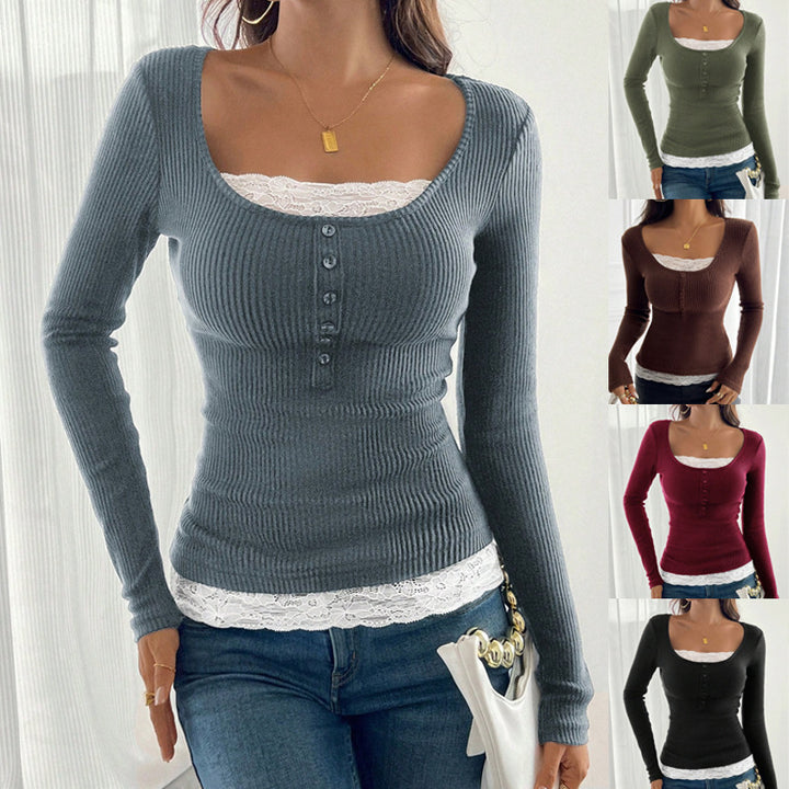 Women Fitted Ribbed Knit Top with U-Neck and Button Placket Mune Fashion