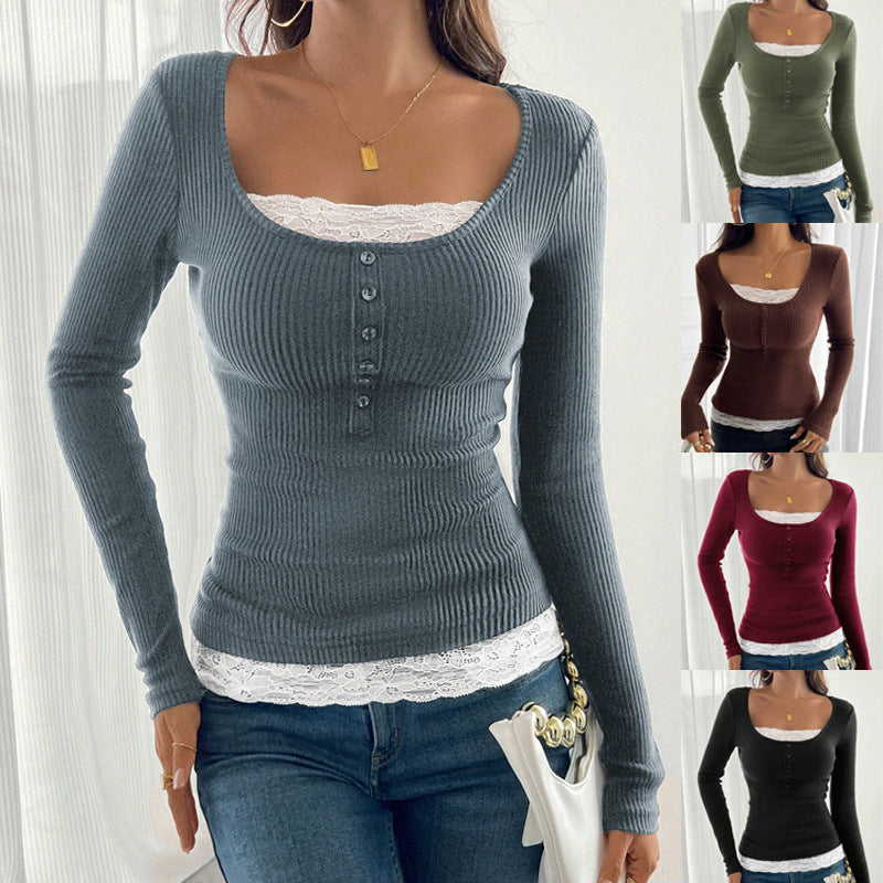 Women’s ribbed top with deep scoop neckline, decorative button placket and lace insert Mune Fashion
