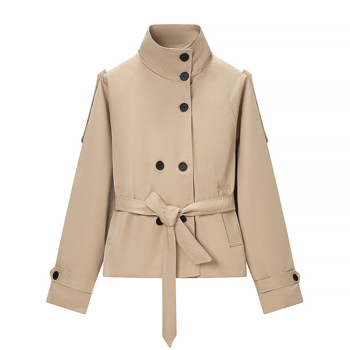 Ladies short tailored trench coat with high button placket and waist belt Mune Fashion