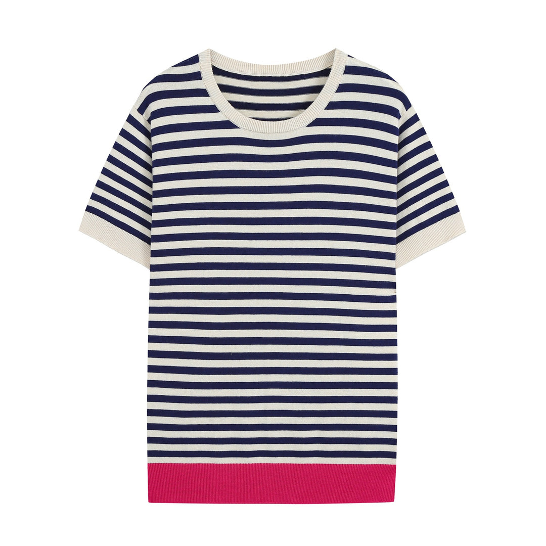 Women Short-Sleeved Striped Rib Knitted Shirt with Contrast Cuffs Mune Fashion
