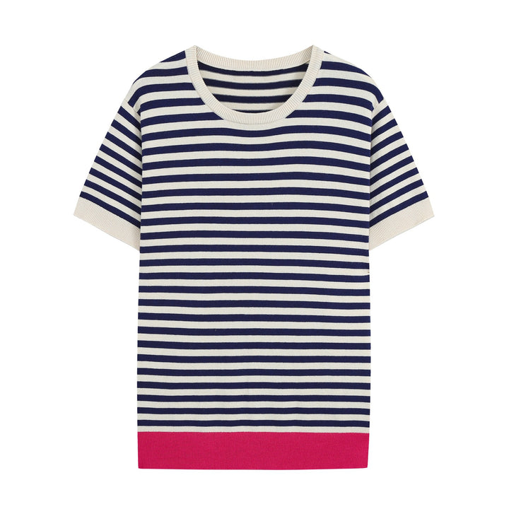 Women Short-Sleeved Striped Rib Knitted Shirt with Contrast Cuffs Mune Fashion
