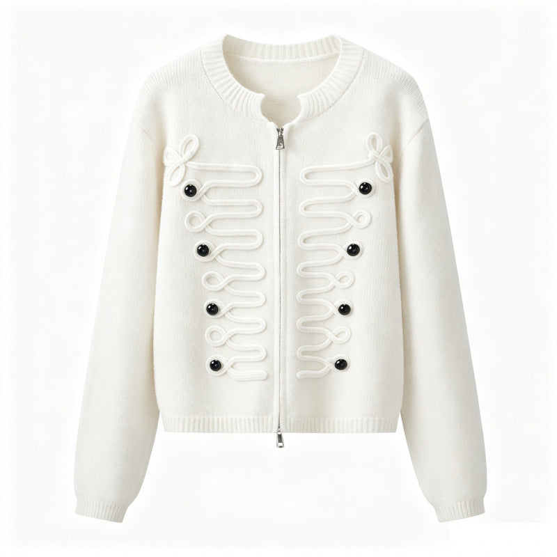 Women's short-cut knitted cardigan with decorative cord applications and two-way zipper Mune Fashion